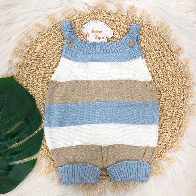  Jardineira Curta de Linha - Bolsinho e Listras Grossas Azul Bebe e Bege